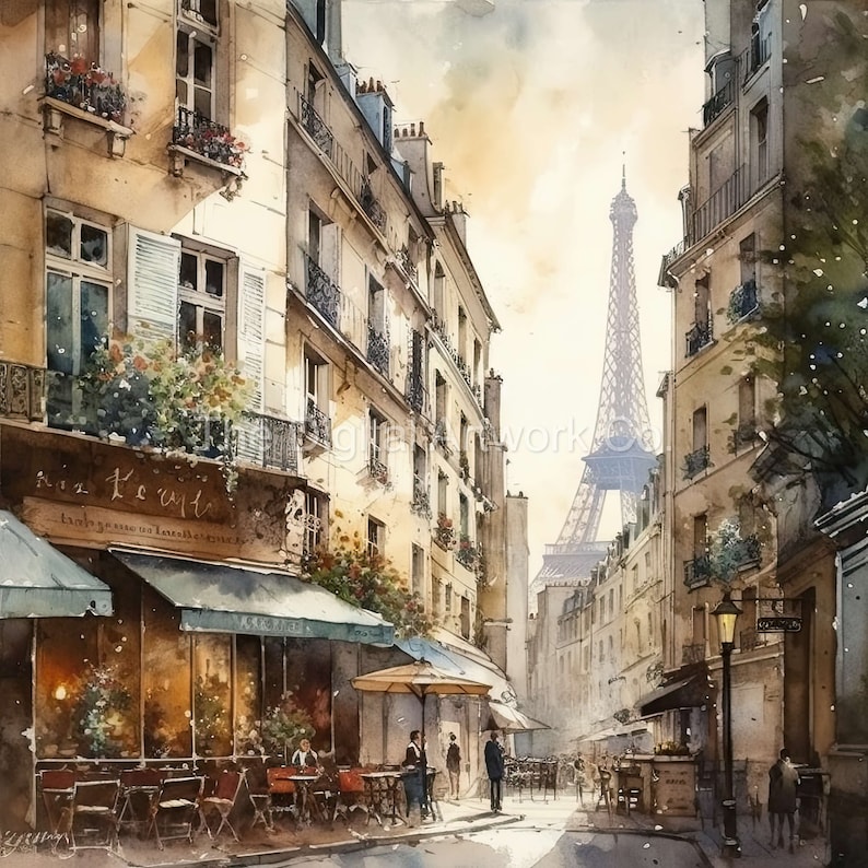 Pu&ograve; includere: Un dipinto ad acquerello di una scena di strada parigina con un caff&egrave; a sinistra e la Torre Eiffel in lontananza. Il caff&egrave; ha un cartello che dice "Chez l'Ecrit" e ci sono persone sedute ai tavoli all'aperto. Gli edifici sono dipinti in tonalit&agrave; di marrone e giallo, e il cielo &egrave; di un azzurro tenue.