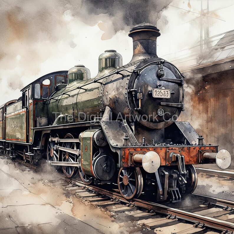 May include: A green steam locomotive with the number "725.83" on the side, standing on a set of train tracks. The locomotive is in a slightly weathered condition, with some rust and dirt visible. The locomotive is in a train station, with a building in the background.