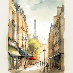 Pu&ograve; includere: Un dipinto ad acquerello di una scena di strada a Parigi, Francia. La Torre Eiffel &egrave; visibile in lontananza. La strada &egrave; fiancheggiata da edifici e ci sono persone che camminano sul marciapiede.