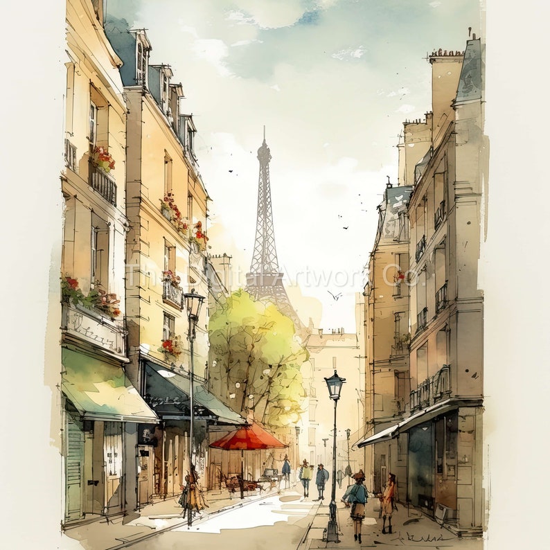 Pu&ograve; includere: Un dipinto ad acquerello di una scena di strada a Parigi, Francia. La Torre Eiffel &egrave; visibile in lontananza. La strada &egrave; fiancheggiata da edifici e ci sono persone che camminano sul marciapiede.
