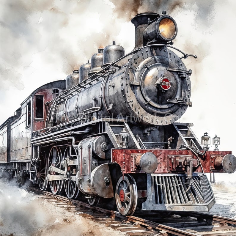 May include: A vintage steam locomotive with a red and black color scheme. The locomotive is on a set of train tracks and has a large smokestack and a bell. The locomotive is surrounded by a white cloudy sky.