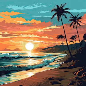 12 High Quality Designs of Tropical Sunsets JPGs - Digital Print, Watercolour, Wall Art, Commercial Use - Digital Download