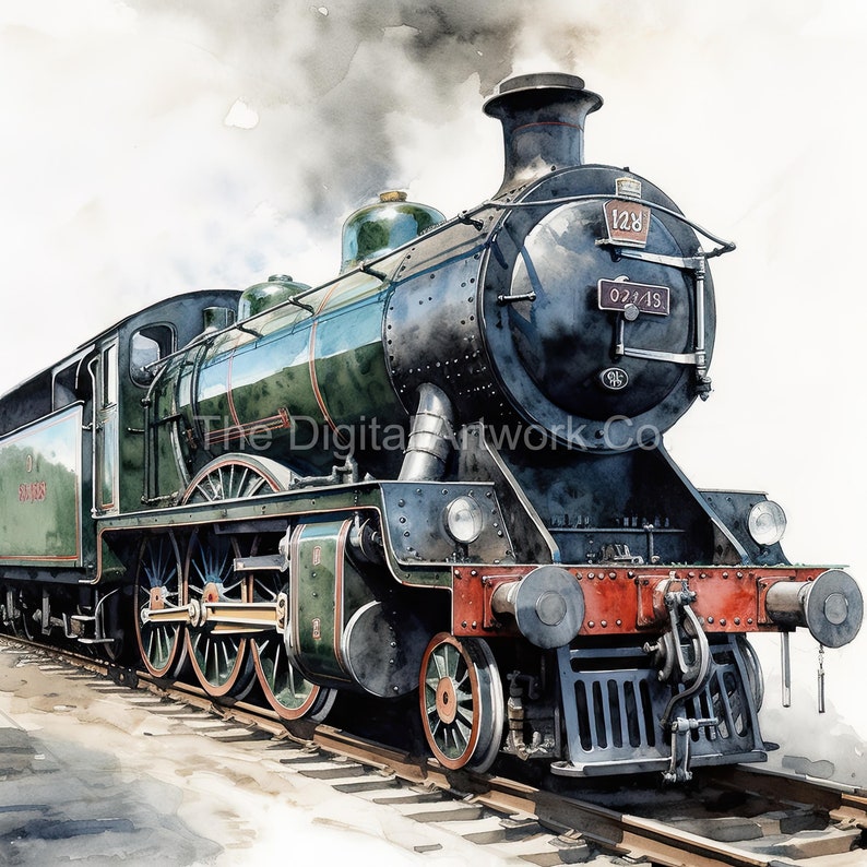 May include: A green and black steam locomotive with the number "128" and "02415" on the side. The locomotive is on a set of train tracks.
