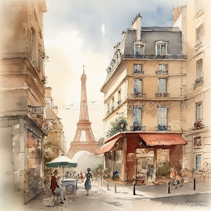 Pu&ograve; includere: Un dipinto ad acquerello di una scena di strada parigina con la Torre Eiffel sullo sfondo. La strada &egrave; fiancheggiata da edifici, e ci sono persone che camminano e siedono in un caff&egrave;. Il caff&egrave; ha un tendone rosso e un cartello che dice "Somptuaire".