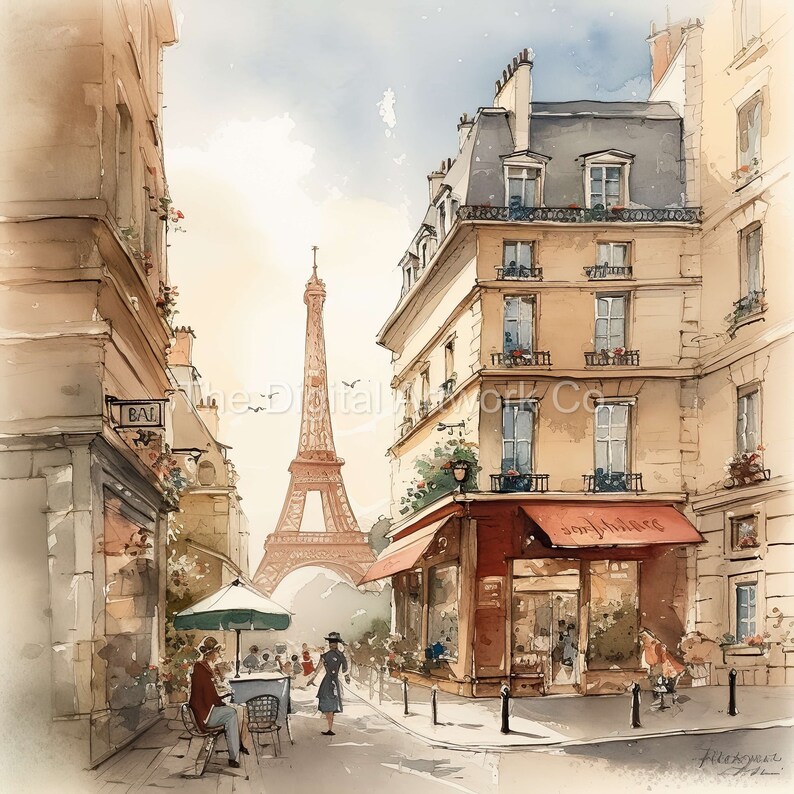 Pu&ograve; includere: Un dipinto ad acquerello di una scena di strada parigina con la Torre Eiffel sullo sfondo. La strada &egrave; fiancheggiata da edifici, e ci sono persone che camminano e siedono in un caff&egrave;. Il caff&egrave; ha un tendone rosso e un cartello che dice "Somptuaire".