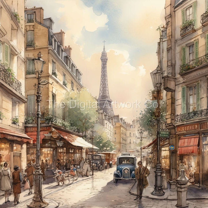 Pu&ograve; includere: Un dipinto ad acquerello di una scena di strada parigina con la Torre Eiffel sullo sfondo. La strada &egrave; fiancheggiata da negozi e caff&egrave;, e ci sono persone che camminano e guidano. Il dipinto &egrave; realizzato in uno stile realistico e cattura il fascino di Parigi.