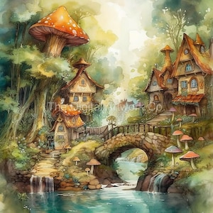 12 High Quality Designs Whimsical Fairy Villages JPGs-Digital Planner, Journaling, Watercolour, Wall Art, Commercial Use - Digital Download