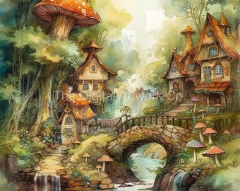 Whimsical Fairy Village Clipart: Watercolor Cottagecore Art (Digital Download)