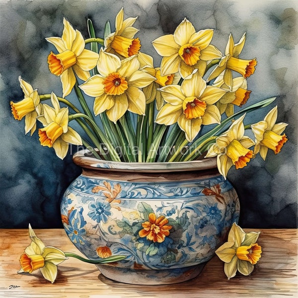 12 High Quality Designs of Vases of Daffodils  Clip Art 12 JPGs - Digital Print, Watercolour, Wall Art, Commercial Use - Digital Download