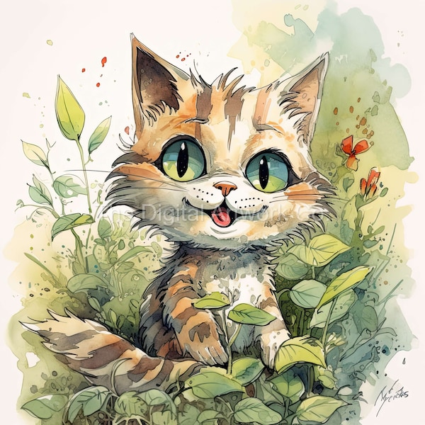 12 High Quality Designs of Friendly Felines Clip Art 12 JPGs - Digital Print, Watercolour, Wall Art, Commercial Use - Digital Download