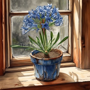 May include: A blue flower in a blue and brown pot sits on a wooden windowsill. The flower is in bloom and has many petals. The windowsill is made of wood and has a light brown color. The window is open and the sun is shining through.