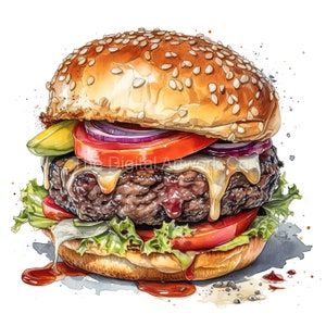 12 High Quality Designs of Gourmet Burgers  Clip Art 12 JPGs - Digital Print, Watercolour, Wall Art, Commercial Use - Digital Download