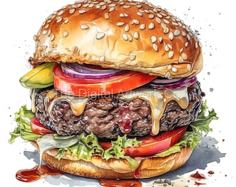 12 Gourmet Burger Designs Clip Art: Watercolor Style Designs (Digital Download)