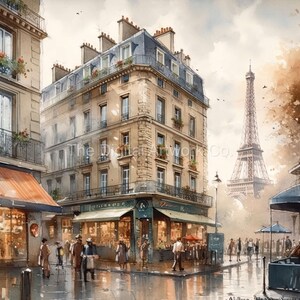 Pu&ograve; includere: Un dipinto ad acquerello di una scena di strada parigina con vista della Torre Eiffel in lontananza. La strada &egrave; fiancheggiata da edifici, negozi e persone che passano. Il cielo &egrave; nuvoloso e l'aria &egrave; nebbiosa.