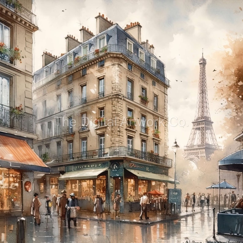Pu&ograve; includere: Un dipinto ad acquerello di una scena di strada parigina con vista della Torre Eiffel in lontananza. La strada &egrave; fiancheggiata da edifici, negozi e persone che passano. Il cielo &egrave; nuvoloso e l'aria &egrave; nebbiosa.