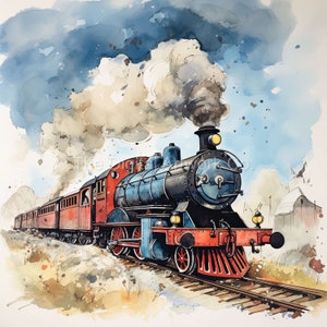 12 High Quality Designs of Cartoon Trains 12 JPGs - Digital Print, Watercolour, Wall Art, Commercial Use - Digital Download