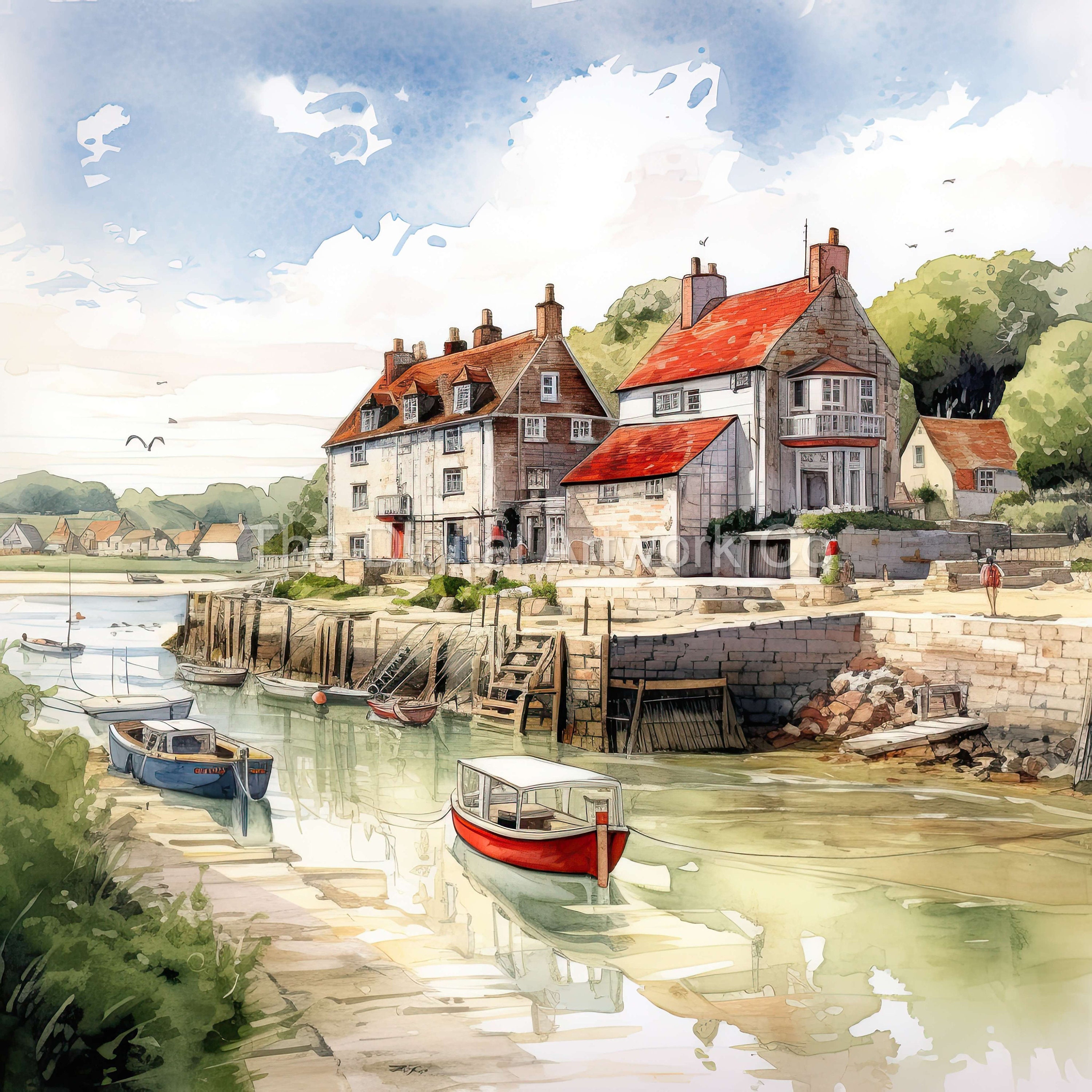 Harbour Scene Watercolor Print: Coastal Town Art (digital Download ...