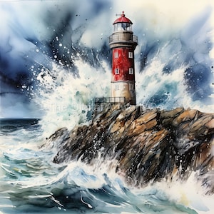 12 High Quality Designs of Watercolour Lighthouses  12 JPGs -Digital, Journaling, Watercolour, Wall Art, Commercial Use - Digital Download