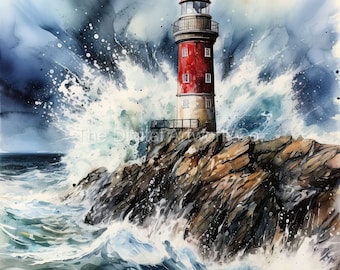 May include: A red and white lighthouse stands tall on a rocky cliff, with crashing waves and a stormy sky in the background.