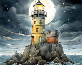 May include: A yellow lighthouse with a white roof and a small house next to it, all on a rocky island in the ocean. The moon is full and shining brightly in the night sky.
