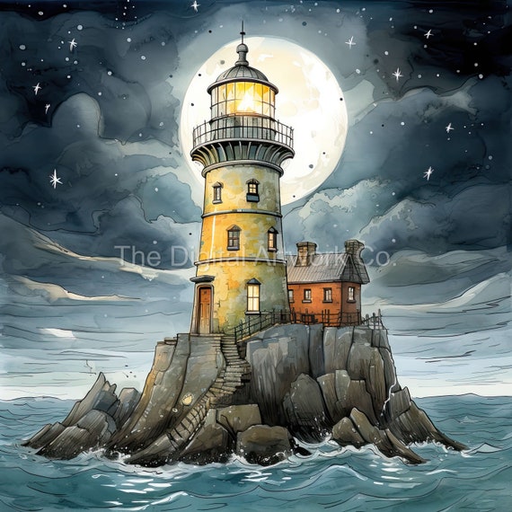 Watercolor Lighthouse Clipart: Coastal Landscape JPGs (Digital Download)