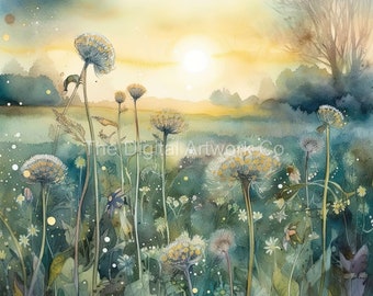 12 High Quality Designs of Dandelion Meadows  Backgrounds JPGs - Digital Planner, Watercolour, Wall Art, Commercial Use - Digital Download