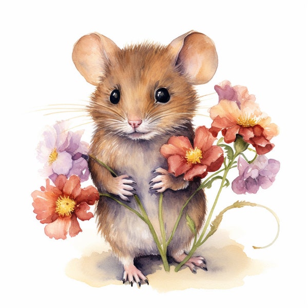 12 High Quality Designs of Mouse With Flower Clip Art 12  JPGs - Digital Print, Watercolour, Wall Art, Commercial Use - Digital Download