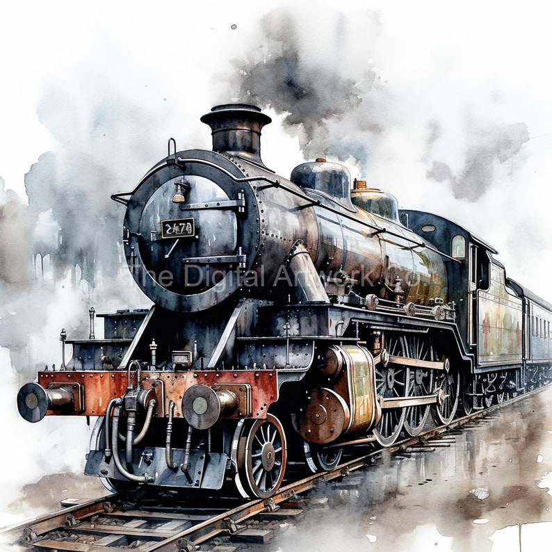 May include: A black steam locomotive with the number 2478 on the side, emitting smoke and steam, is traveling on a set of train tracks. The locomotive is in a watercolor style.