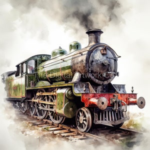 May include: A green and black steam locomotive with a large smokestack, pulling a train of cars. The locomotive is moving forward, and there is smoke coming from the smokestack. The locomotive is on a track, and there is a field of grass in the background.