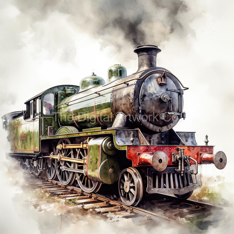 May include: A green and black steam locomotive with a large smokestack, pulling a train of cars. The locomotive is moving forward, and there is smoke coming from the smokestack. The locomotive is on a track, and there is a field of grass in the background.