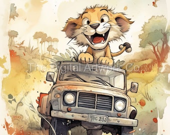 Watercolor African Animals Driving Jeeps Art Prints (Digital Download)