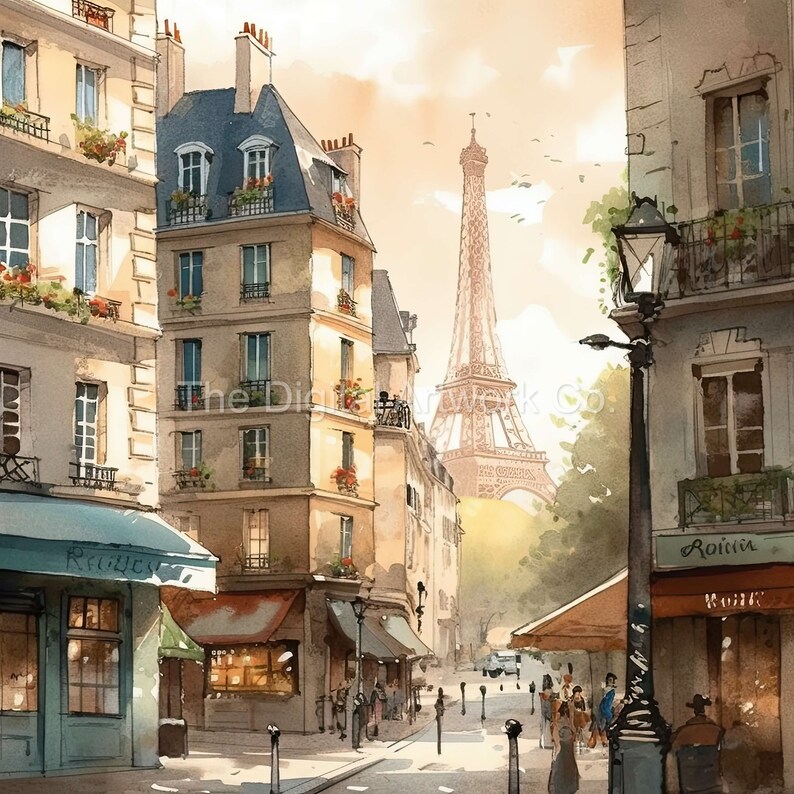 Pu&ograve; includere: Un dipinto ad acquerello di una scena di strada parigina con la Torre Eiffel sullo sfondo. La strada &egrave; fiancheggiata da edifici, negozi e persone. Gli edifici sono dipinti in tonalit&agrave; di giallo, marrone e bianco. I negozi hanno tende e insegne in francese. Le persone camminano lungo la strada, alcune sono sedute ai tavoli fuori dai negozi. La Torre Eiffel &egrave; dipinta in un colore marrone chiaro ed &egrave; visibile in lontananza.