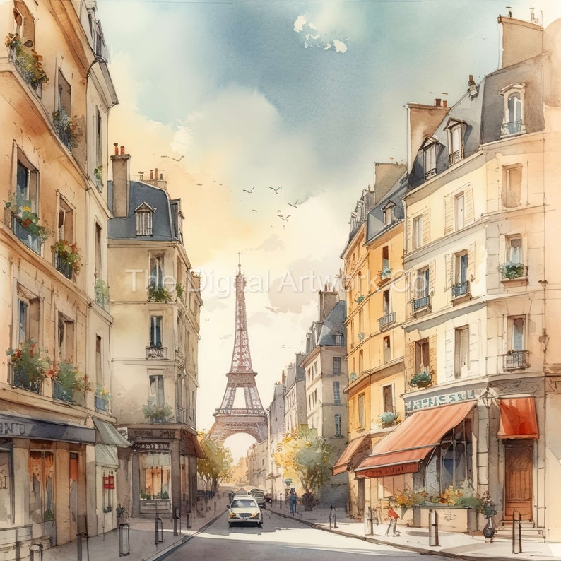 Pu&ograve; includere: Un dipinto ad acquerello di una scena di strada a Parigi, Francia. La Torre Eiffel &egrave; visibile in lontananza, e ci sono edifici e negozi su entrambi i lati della strada. Il cielo &egrave; blu con nuvole bianche.