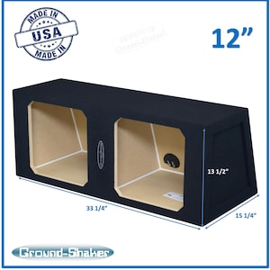 May include: A black dual subwoofer enclosure, measuring 84.46 cm long, 38.74 cm wide, and 34.29 cm high. It features two rectangular openings. Made in the USA, the text "Ground-Shaker" is visible. The size is 12 inches.