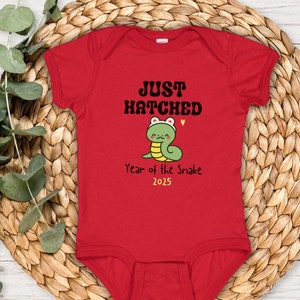 May include: Red babygrow with a green snake cartoon and the text "Just Hatched" and "Year of the Snake 2025".