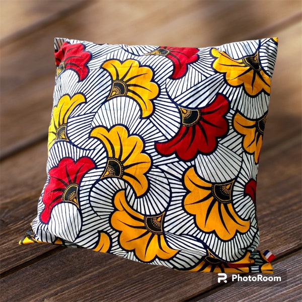 Housse de coussin carrée en tissu africain wax très coloré