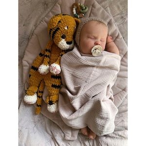 Crochet tiger toy, soft snuggler stuffed tiger, newborn baby tiger comforter, baby shower gift, tiger sleeping toy, nursery decor,cuddle toy