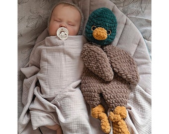 Crochet mallard duck lovey, soft snuggler, stuffed duck toy, newborn baby duck comforter, baby shower gift, duck sleeping toy, cuddle toy