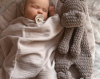Crochet hippo toy, soft snuggler stuffed hippo, newborn baby hippo comforter, baby shower gift, hippo sleeping toy, nursery decor,cuddle toy