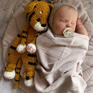 Crochet tiger toy, soft snuggler stuffed tiger, newborn baby tiger comforter, baby shower gift, tiger sleeping toy, nursery decor,cuddle toy