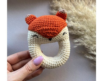 Fox crochet rattle for baby, crochet soft toy, stuffed fox, newborn baby rattle, first birthday gifts, baby shower gift, stuffed animal toy