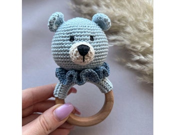 Crochet rattle bear for baby,wooden crochet toy,newborn baby rattles with grip ring,first birthday gifts,baby shower gift,stuffed animal toy