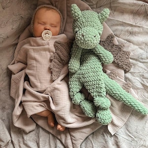 May include: A sleeping infant wrapped in a light beige muslin swaddle with a matching bonnet and a white pacifier, positioned next to a light green crocheted dragon plush toy featuring textured yarn and dark brown felt-like wing accents.
