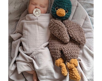 Crochet mallard duck lovey, soft snuggler, stuffed duck toy, newborn baby duck comforter, baby shower gift, duck sleeping toy, cuddle toy