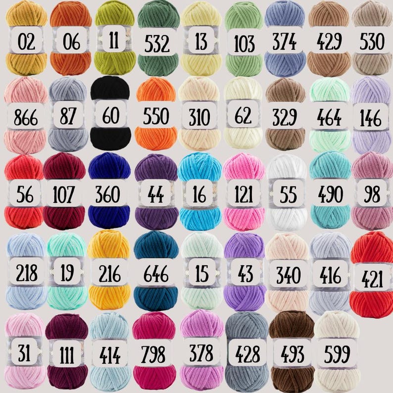 May include: A collection of forty-five skeins of yarn arranged in a grid, each featuring a white paper label with a unique black identification number. The yarn comes in a wide variety of solid colors, including shades of red, blue, green, yellow, pink, purple, brown, gray, black, and white.
