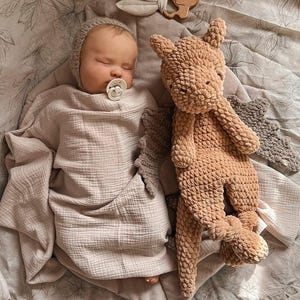 May include: A sleeping infant wearing a light beige knit bonnet and a white pacifier, wrapped in a soft, light beige muslin swaddle. Beside the infant is a plush, textured tan dragon toy with dark gray wings and a small wooden animal-shaped teether.
