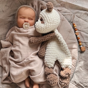Handmade Crochet Panda Lovey Unique Baby Gift Soft Snuggler Plush Toy for Newborn Boy Girl Cuddle Comfort Blanket Nursery Keepsake
