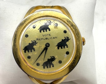 Schweizer Vintage-Armbanduhr „Vote Republican“ in Goldton für Damen – läuft nicht