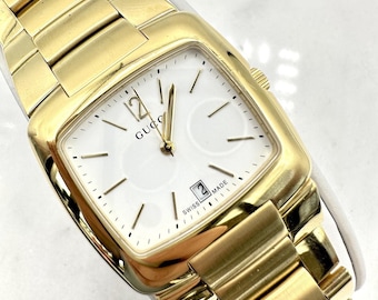 GUCCI 8500M Date 35mm Stainless Steel Gold Watch White Dial, New Battery, Sz. 7”