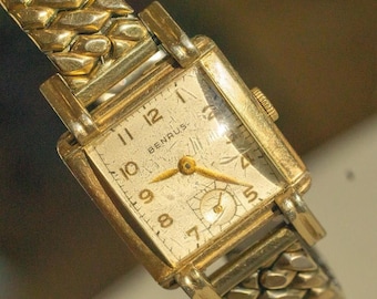 Vintage Working Art Deco Benrus 17 Jewels 10k Rolled Gold Plate Men's Watch Tank 25mm